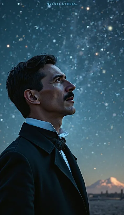 A reflective image of Tesla gazing into the stars, symbolizing his enduring inspiration for future generations.