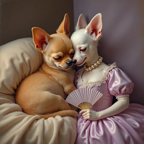 A sleepy chihuahua curled up on a velvet pillow, warm lighting, cozy blanket, (soft pastel colors:1.3). The left side is a reali...