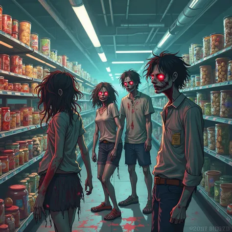 anime illustration style, 2D clean shading, zombie apocalypse supermarket scene, group of zombies in distance, 2 male zombies an...