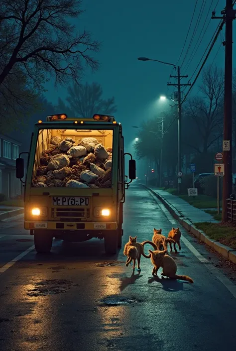 a garbage truck stands on the side of the road in the middle of the night with its lights on, emptying a large trash can of its ...