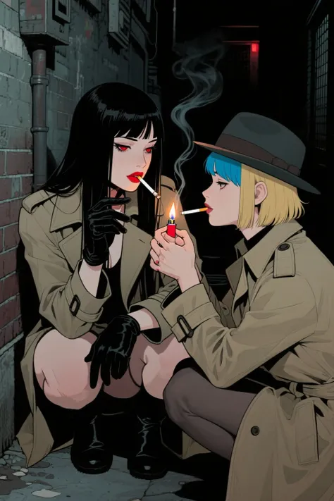 High Quality, Hyper Details、illustration style、A corner in a dark back alley、two women、((One is holding a cigarette))((the other...