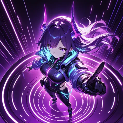 1girl ,solo, Raiden May (ooo wange)\(Hongkai Series \), Purple Horn,perspective, pointing left hand,purple cyberpunk jacket,, Dy...
