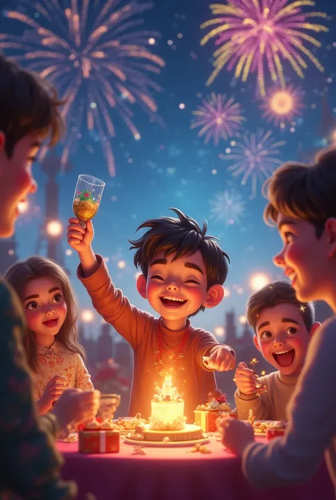 
A big festive gathering with ren playing, eating sweets, exchanging gifts, and shouting "Eid Mubarak!" under a sky filled with ...