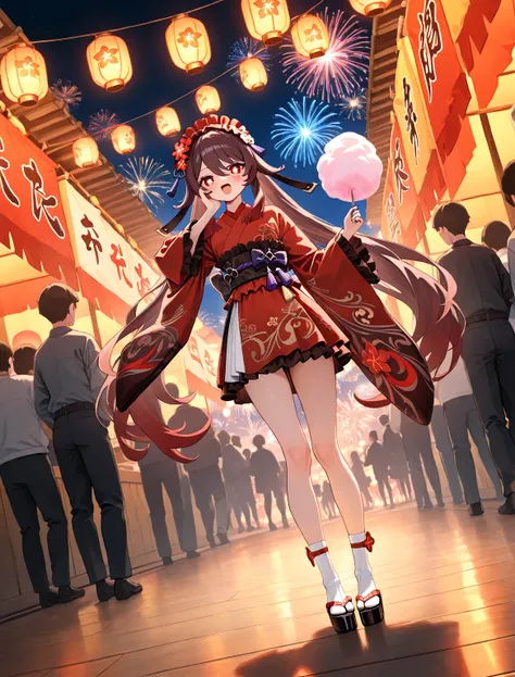 (( Fu Tao_Genshin )), 152.88cm , Munching on cotton candy , hand on cheek , glassy eyes , open mouth , ( Harajuku fashion_Japane...