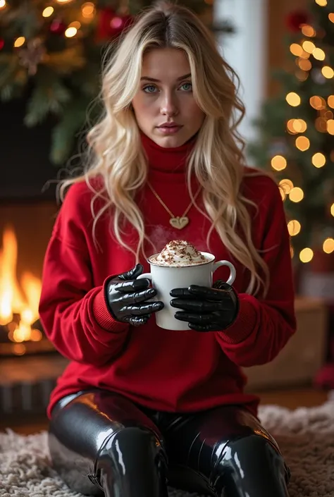 a blonde girl trying a red sweatshirt to her full enclosed bodyfit skintight shiny black latex catsuit and holding a hot chocola...