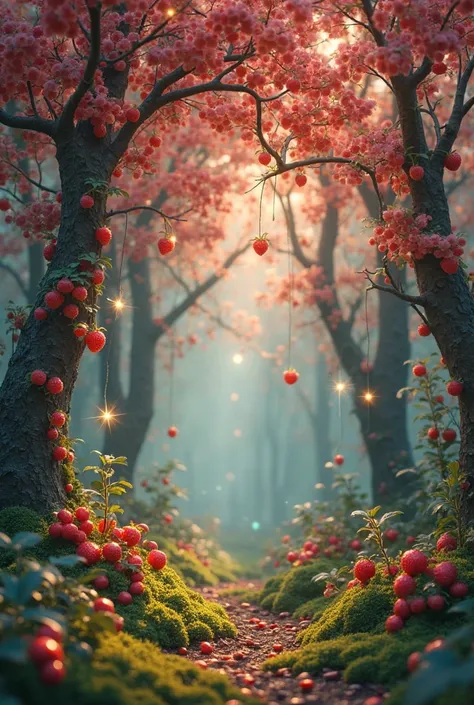 A magical fairytale-style enchanted forest, filled with vibrant strawberry and blackberry trees. Strawberry trees have juicy, sh...