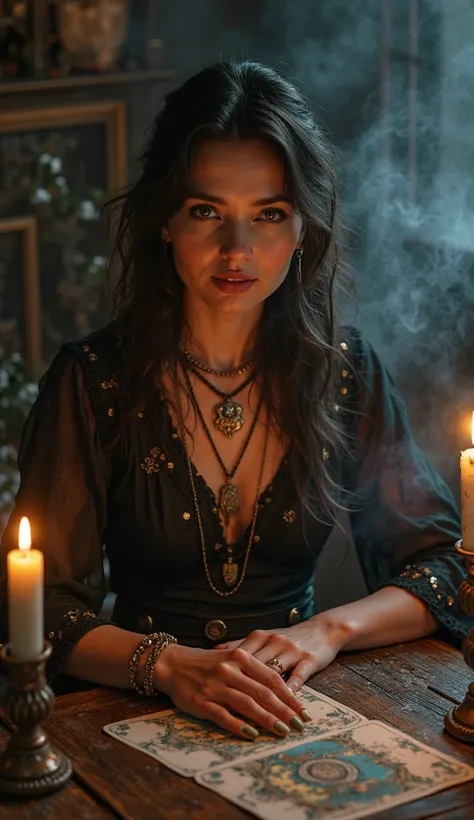 A solemn, lifelike portrait of a seasoned tarot practitioner, her expression calm yet powerful, eyes locked with the viewer, as ...