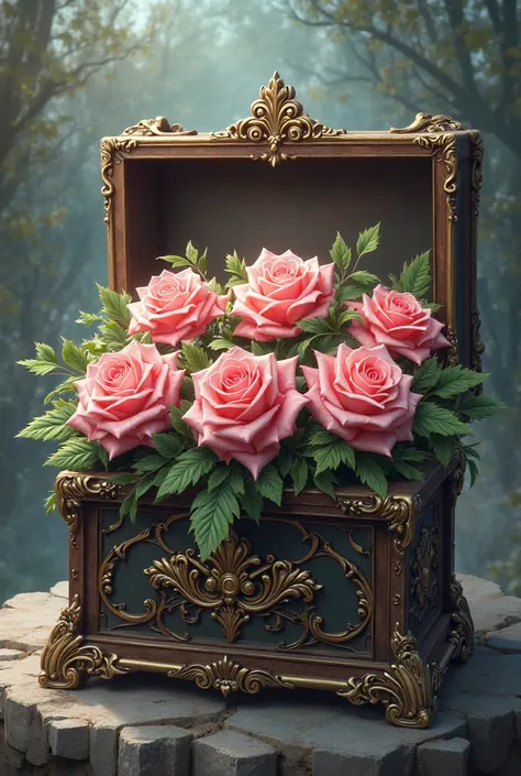 Create an image of a box with 8 roses inside, Two rows of 4 roses is for an export the roses are eternal they are 8 rose eight 8...