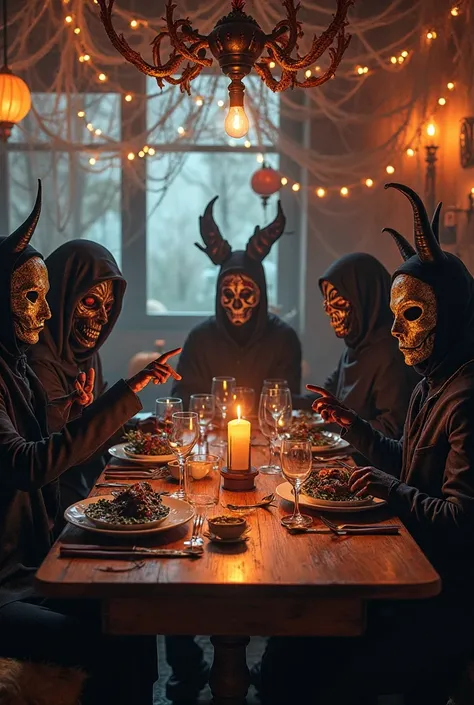 Masked people sitting at a Halloween-themed table in a restaurant