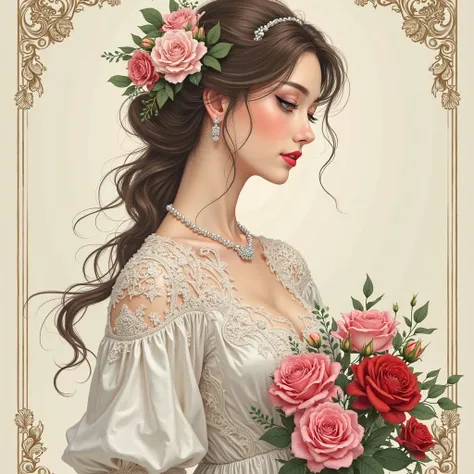 full body portrait of a woman in a dress。The dress is a white silk satin、Beautiful woven pattern、Empire Line 。Brownish hair t...