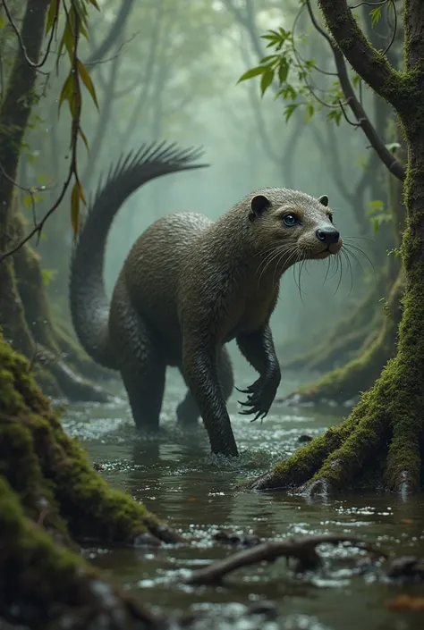 An otter-like monster. The tip of its long tail is a hairy hand with claws. Walking in a swamp