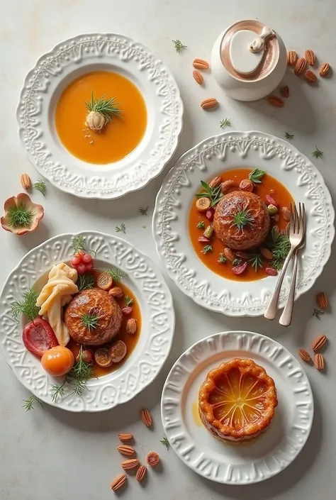 Generate a French design-themed image containing these plates
Onion soup
Cassoulet
Tarte tatin