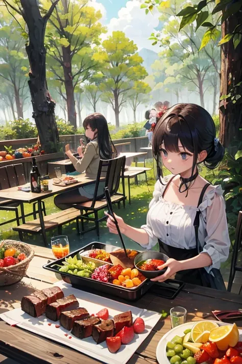 Many girls, liquors, a forest of meat, and plenty of fruit.