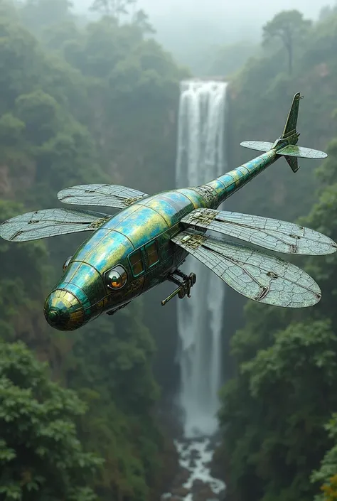 A futuristic, large-scale helicopter fused with dragonfly characteristics: a long, iridescent tail with segmented parts that ext...
