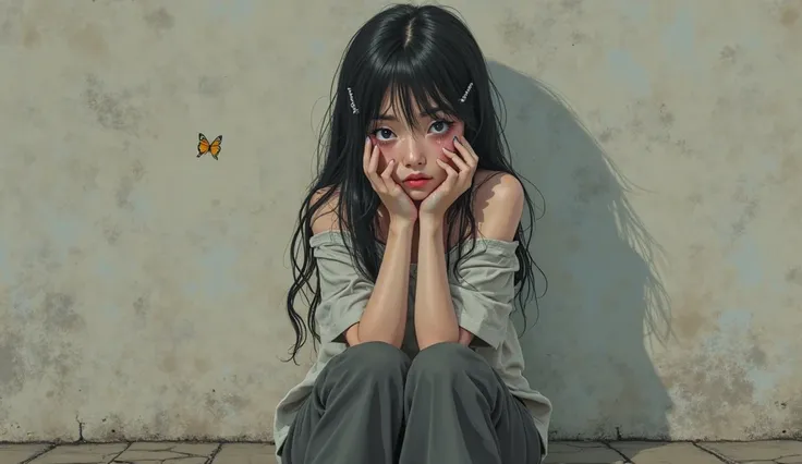 A anime style A beautiful, melancholic young woman sitting alone, lost in deep thought, with her face resting on her hands. She ...