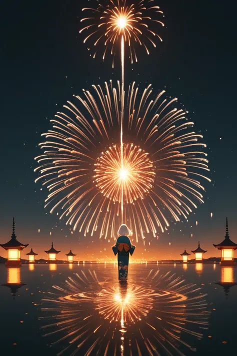 . The girl, wearing a traditional kimono, stands quietly amidst a vibrant fireworks display. That illuminates the night sky. , h...