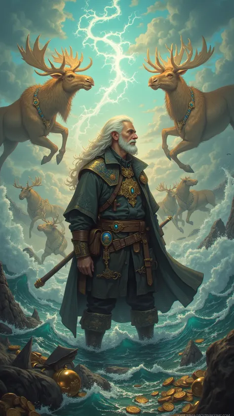 Images of Treasure and moose beaming all around in the middle of the sea and a white-haired fisherman's grandfather
