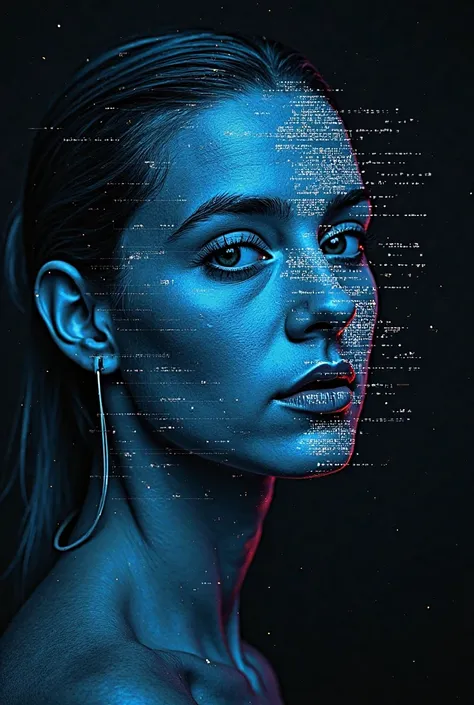 🔵 1. “Erasing Digital Identity” (Glitch art)**
** Visual :**
- Translucent **digital portrait** (is made up of pixels and ASCI...