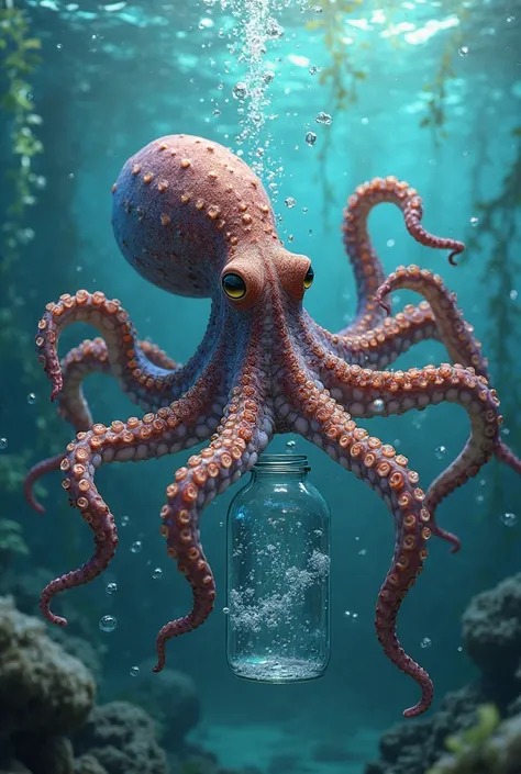 An octopus opening a jar underwater using its tentacles, realistic style