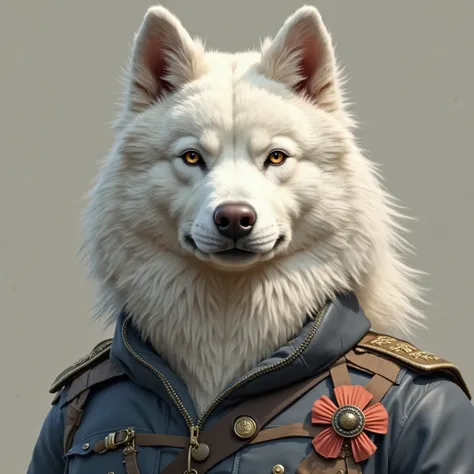 A realistic portrait of a half samoyed, half soldier