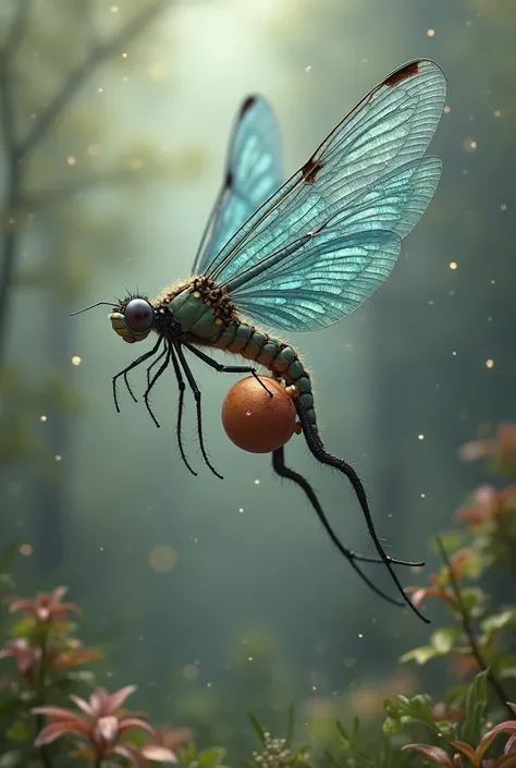 A flying blue dragonfly with a human scrotum