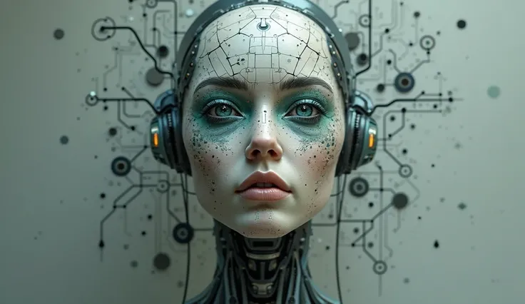 An artificial intelligence face made up of elements of education. Thinking about ethics and metaphysics