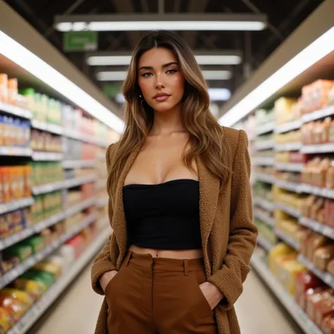 woman, light makeup,dark blonde hair, coat,black top, brown pants, at a grocery isle, looking at viewer