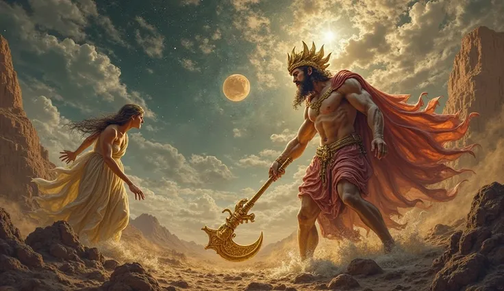 “Ancient god Cronus wielding a golden sickle, standing over Uranus, the sky god, in a celestial battlefield. Gaia watches in the...