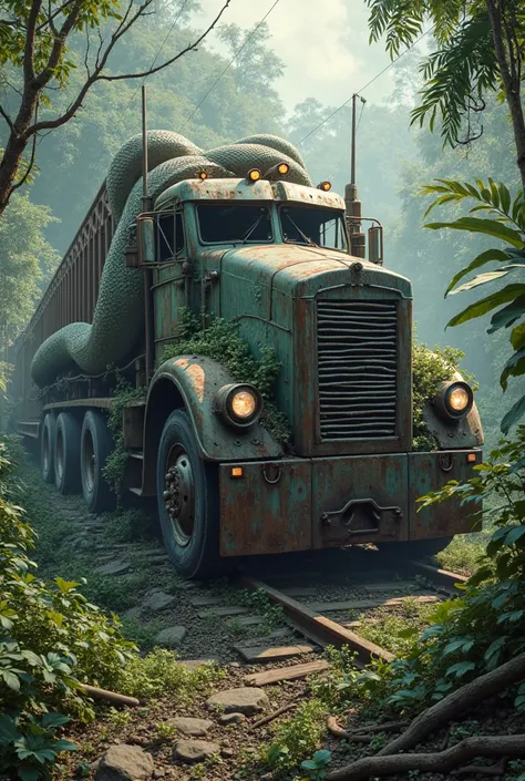 jungle m train ke uper abandoned truck ke uper big python