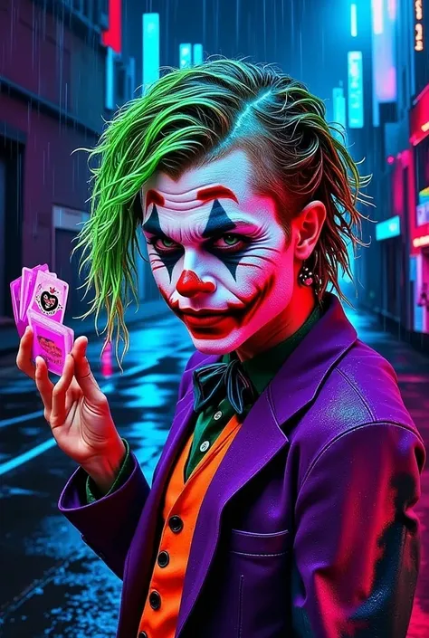 a sinister clown, joker, half-smiling face, green hair, purple suit, black and white makeup, mad expression, mischievous eyes, h...
