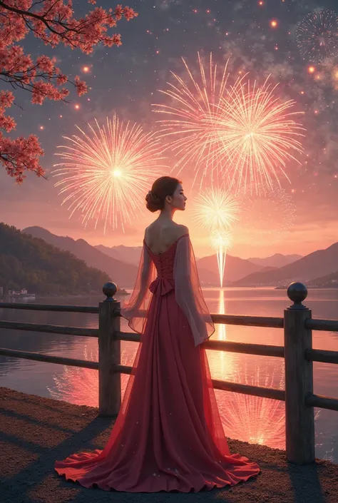 A very beautiful South Korean woman on a bridge looking at the fireworks from the coast very very beautiful scenery