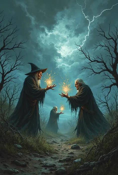4 horrible and terrifying old witches defending and attacking against the background of the field on a night full of dark clouds...