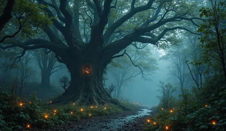 A thick, majestic magical forest, you can see a huge ancient tree in the background, creating a mysterious atmosphere. In the da...