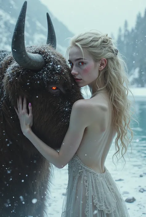 Nordic blonde naked woman with red eyes dating an ox