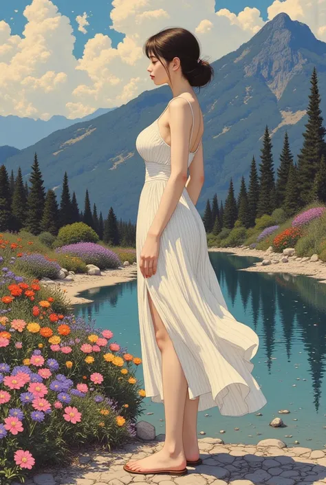 a beautiful girl, wearing a white dress, hot body, slim waist, , standing by the river, at her feet are colorful flowers, purple...