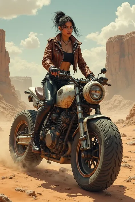 Create a picture of punk rock Girl, With spikes jacket and leather pants, on a machine like in mad max movie, in the desert, ver...