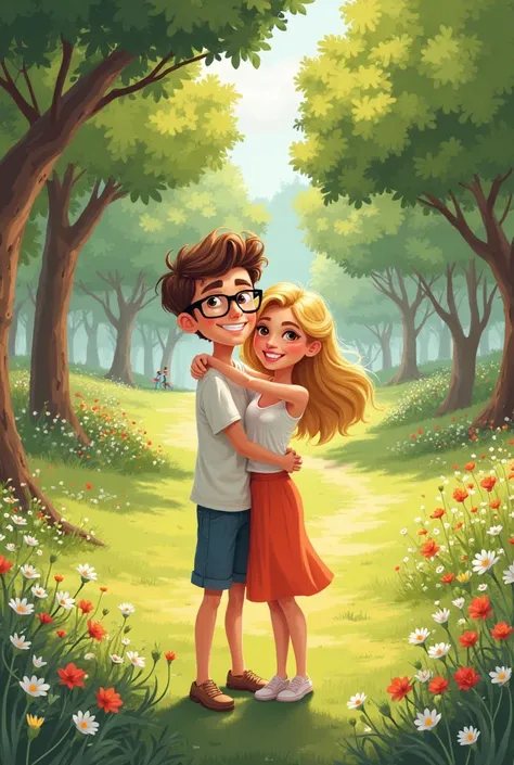 Create a guy with light brown hair wearing glasses hugging a girl with medium-short blond hair in a park wearing summer clothes ...