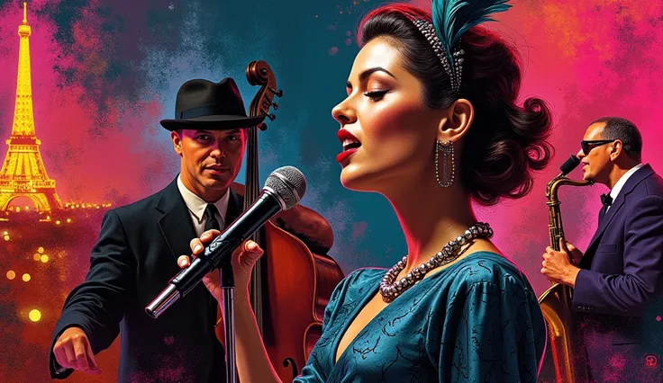 Create an intricate oil painting illustration of a passionate female jazz singer with a band of 2 musician in a 1940s Paris nigh...