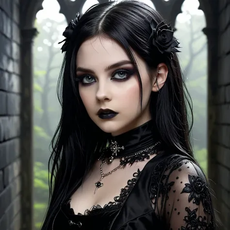 (recreate the image by removing the background and replacing it with a surreal and dark environment), beautiful goth girl lookin...