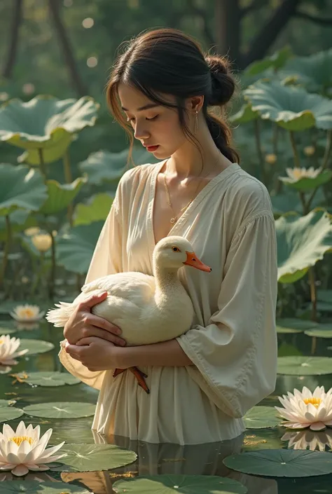 The same woman cradles a parched-rice colored duck, standing knee-deep in water lilies. She looks forward, as if on a spiritual ...