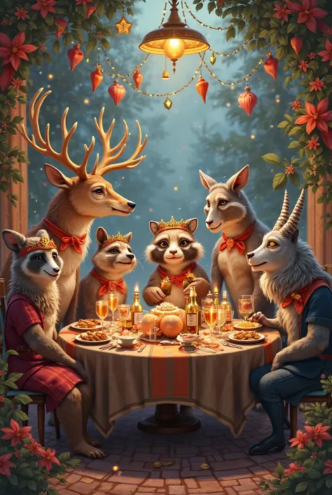 Feast holiday table with food and alcohol deer monkey raccoon goat and demon celebrate birthday