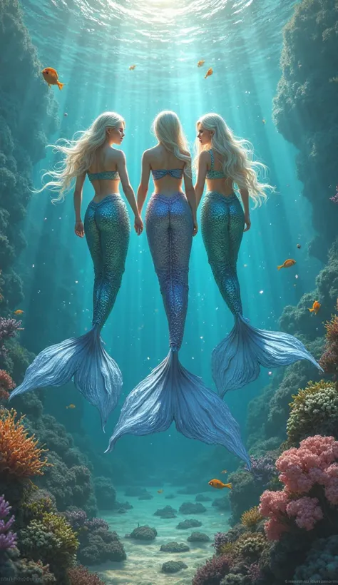 3 Mermaid in a sea beach in ander water