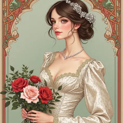 full body portrait of a woman in a dress。The dress is white silk satin、Beautiful woven pattern、Empire Line 。Brownish hair ...