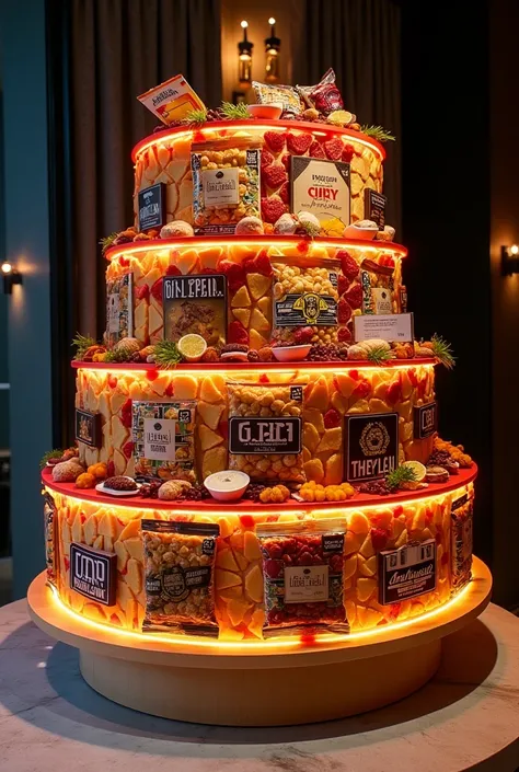 Cake shaped charcuterie wall standing in arcylic with 8feet, to be placed in entrance of hall as welcome board, with neon light...