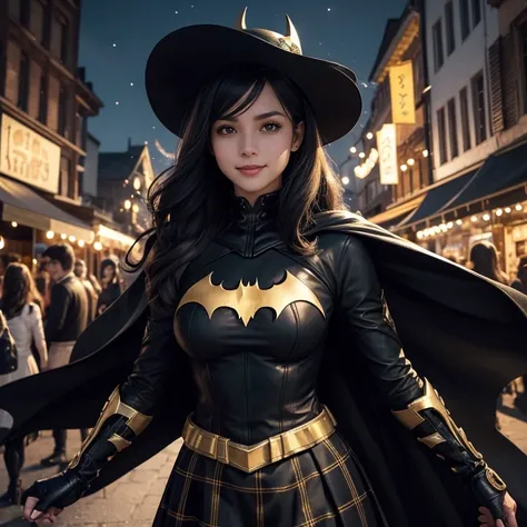 Batgirl in a realistic and elegant style, dressed especially for a June . She wears her classic mask black covering the upper pa...