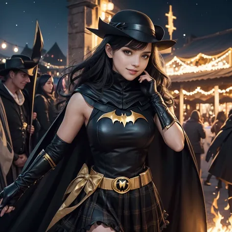 Batgirl in a realistic and elegant style, dressed especially for a June . She wears her classic mask black covering the upper pa...