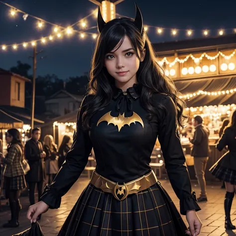 Batgirl in a realistic and elegant style, dressed especially for a June , with loose hair in waves, slightly illuminated by bonf...