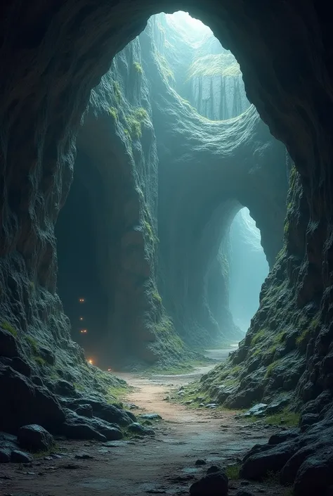 interrieur d'une grotte avec deux chemins differents : a gauche un tunnel sombre et a droite un couloir de pierre. vue en pov. s...