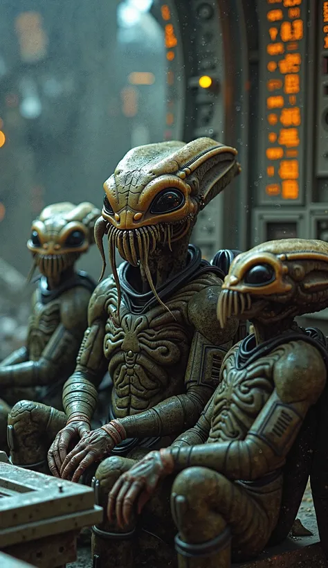Inside the alien mothership’s command bridge—metallic, glowing with unfamiliar symbols—alien creatures of various shapes and siz...