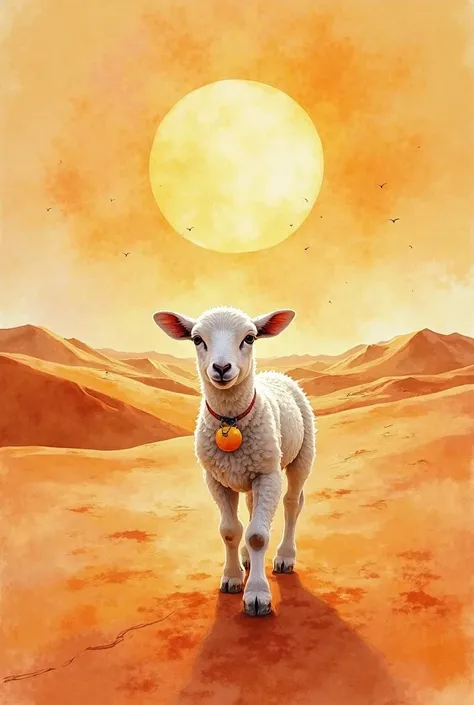 A dramatic watercolor painting of a small white lamb wearing small bell in neck walking alone through the hot Rajasthani desert....
